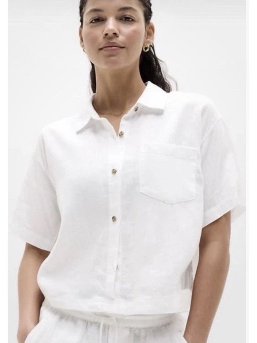 NWT ATHLETA Retreat Linen Short Sleeve Shirt White Women’s Size XL $89.00